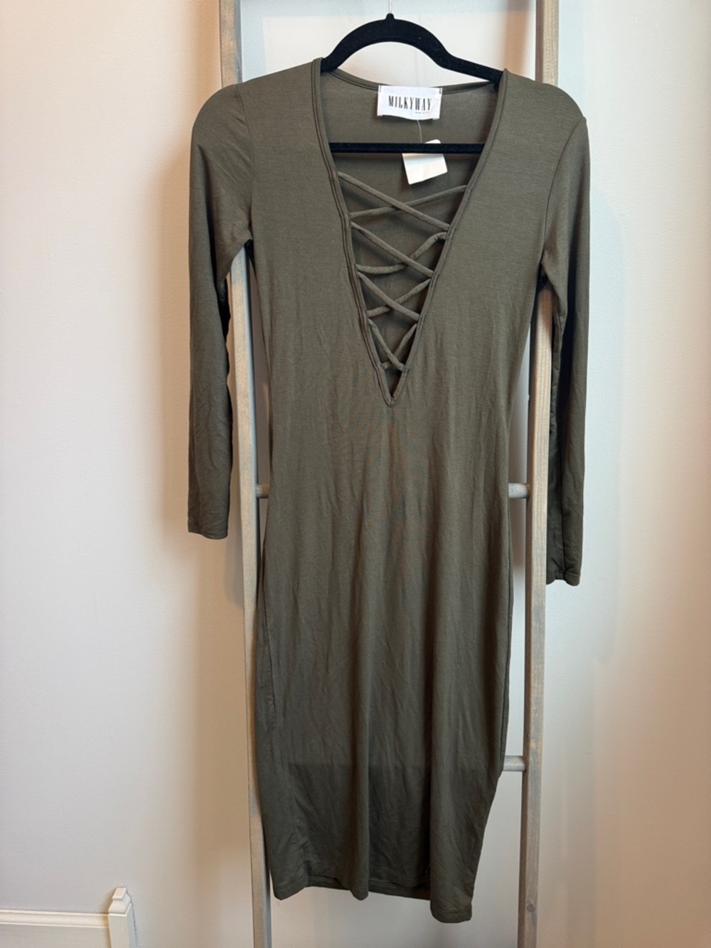 Milky Way Olive Green Lace-Up V-Neck Long Sleeve Dress